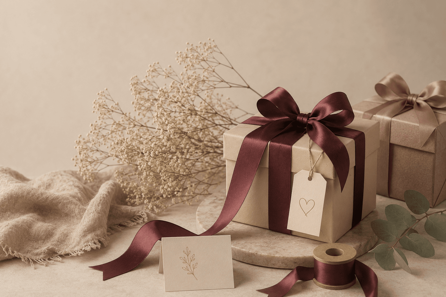 Wrapped gift boxes with burgundy ribbon